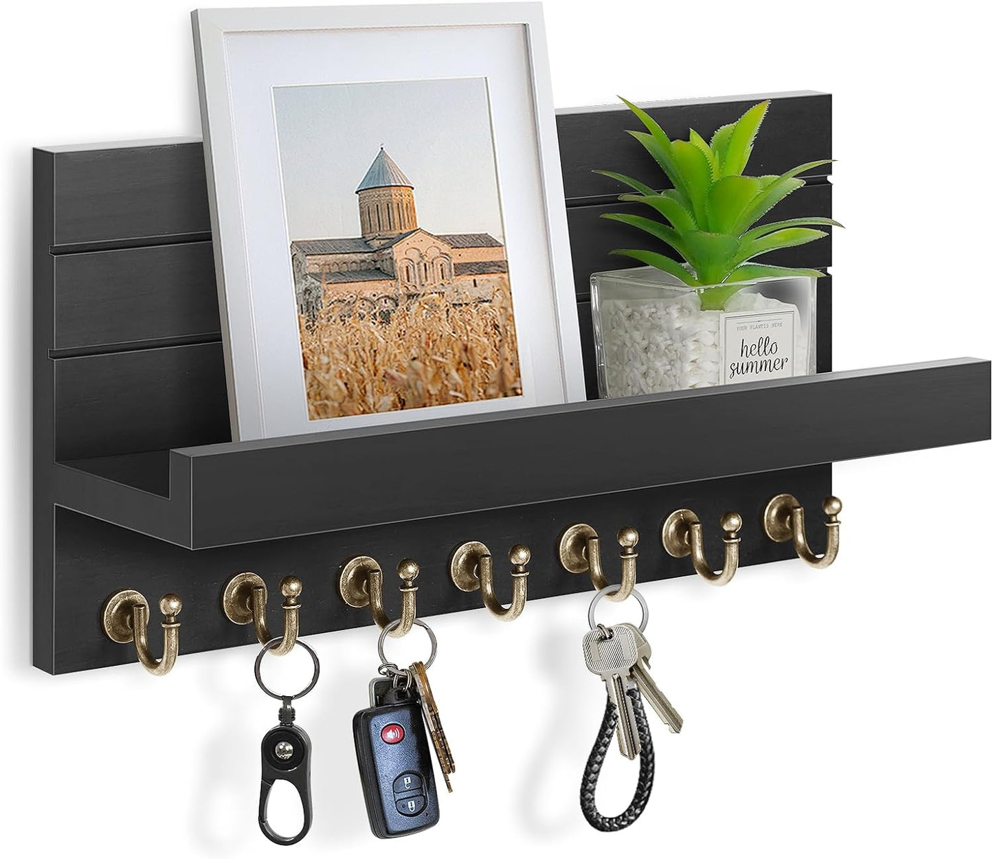 HONJIN Key Holder Wall Mount with Shelf and 5 Sturdy Key Hooks (White) | Key and Mail Holder Wall Mount, Wooden Entryway Organizer and Decorative, Easy Installation, 10*3.8*6.85 Inch