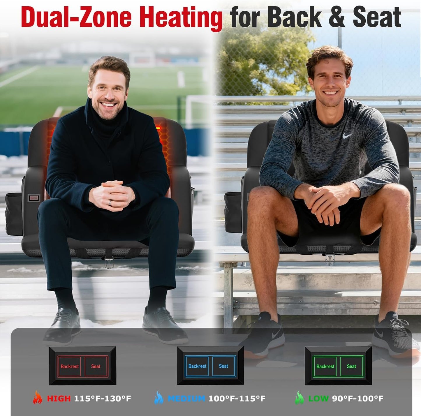Suteck Heated Stadium Seats with Back Support 1 Pack, 25" Wide Sofa Style | Dual-Zone USB Heat, 6 Recliner, 3.83" Soft Cushion, 600D Waterproof, Hook Straps, Storage Pockets & Cup Holder, Half Fold