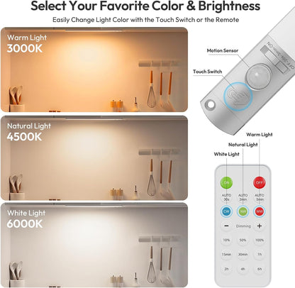 BLS 0.3" Ultra Thin Motion Sensor Under Cabinet Lights Plug in, 400LM 3 Color Dimmable LED Light Bar with Remote, USB Wired Under Counter Lighting for Kitchen Desk Shelf Workbench (No Battery), 14inch