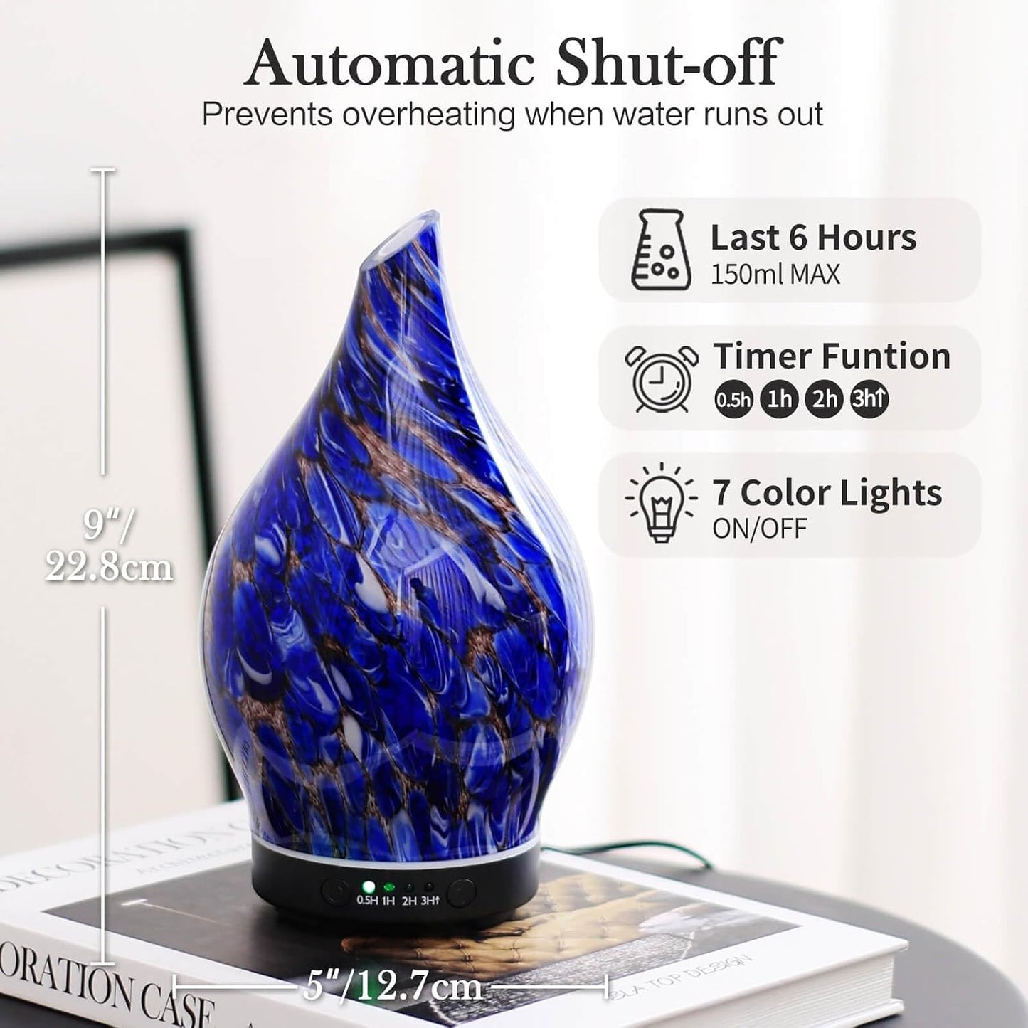Porseme Oil Diffuser 3D Glass Aromatherapy Ultrasonic Humidifier, Air Refresh Auto Shut-Off, Timer Setting, BPA Free for Home Hotel Yoga Leisure SPA Gift 150ml Last 6H - Colors A