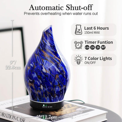 Porseme Oil Diffuser 3D Glass Aromatherapy Ultrasonic Humidifier, Air Refresh Auto Shut-Off, Timer Setting, BPA Free for Home Hotel Yoga Leisure SPA Gift 150ml Last 6H - Colors A