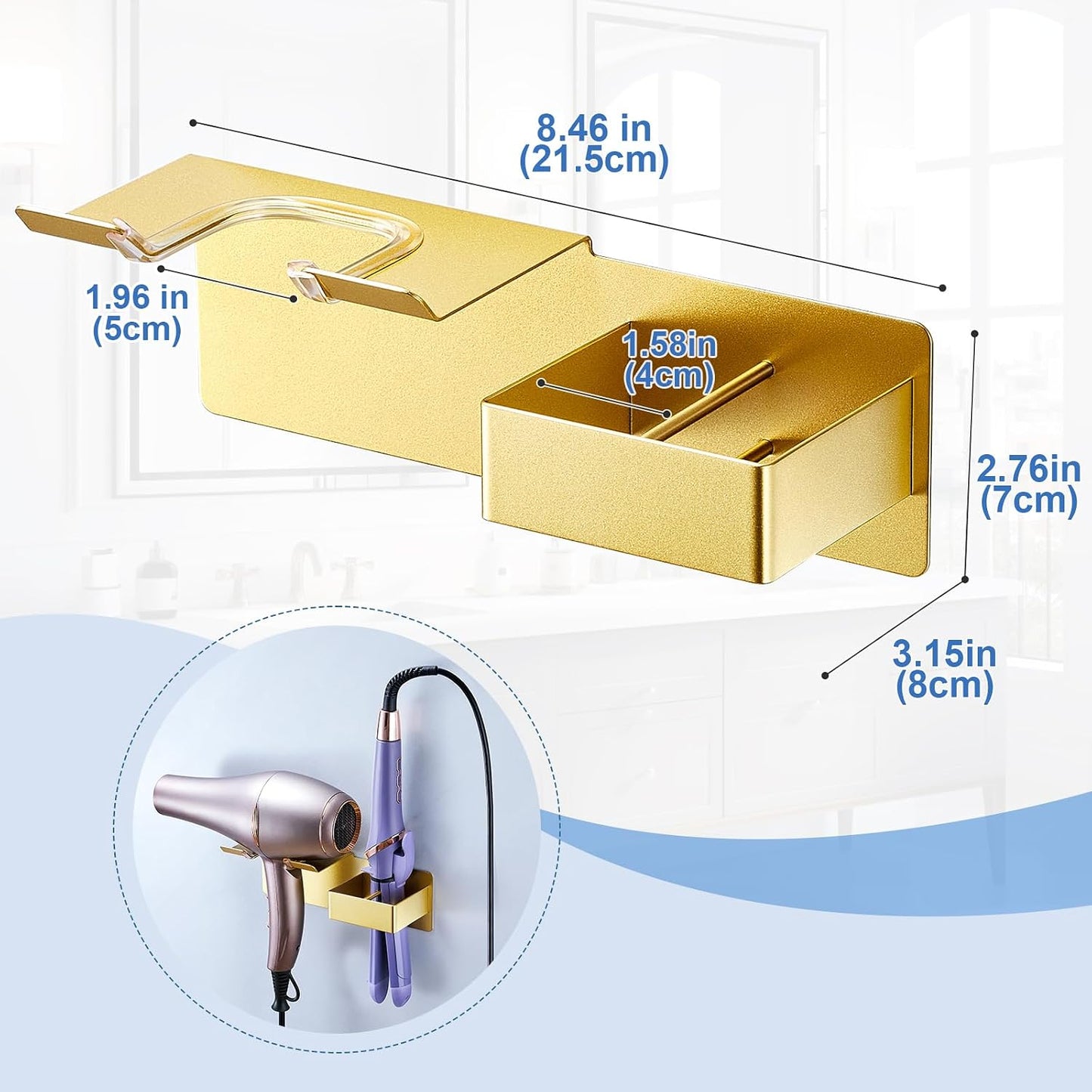 Hair Dryer Holder Wall Mounted, Hair Straightener Holder Metal, Adhesive Blow Dryer and Hair Straightener Holder, Bathroom Bedroom Hair Tool Organizer for Flat Iron,Curling Iron,Hairdryer (White)