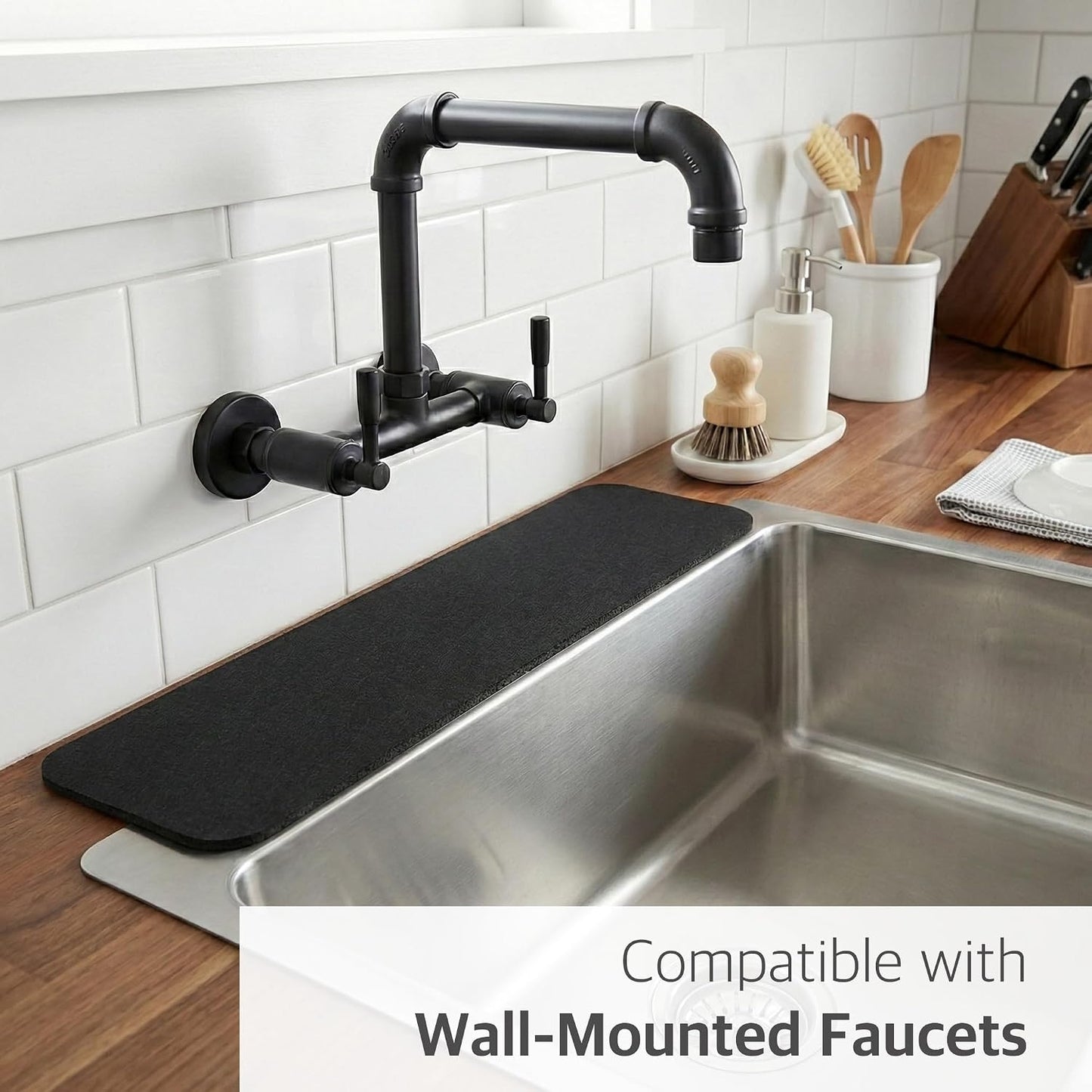 Customizable Kitchen Sink Faucet Mat: 33"Lx5.5"W Absorbent Splash Guard | Non-slip Fabric Rubber Mat, Cut to Fit 2,3,4 Holes Irregular Large Double bowl Sink with Soap Dispenser Air Gap