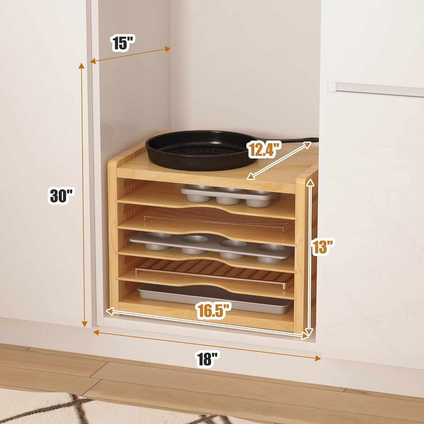 6 Tier Wooden Tray Dividers for Cabinets | Kitchen Vertical Cookie Sheet Organizer, Baking Trays Storage Rack, For Baking Pans, Cutting Board