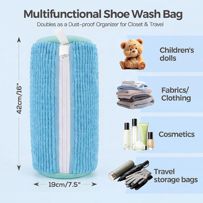 Dual Shoe Washing Machine Bag for Washer and Dryer Holds 2 Shoes (Yellow) | Reusable Laundry Shoe Bag with Microfiber Brushes, 360° Deep Cleaning, Self-Locking Zipper,Sneaker Tennis Shoe Cleaning Bag