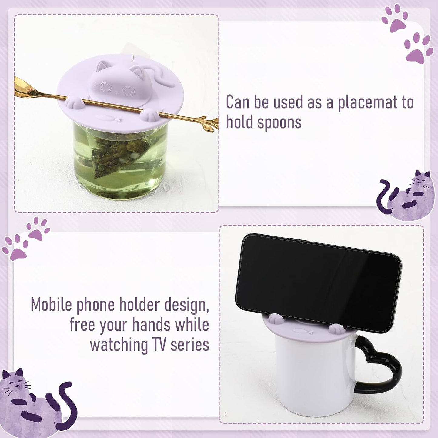 4 Pcs Tea Bag Squeezer 4 Inch Silicone Tea Bag Holder & Squeezer Dishwasher Safe Purple Cute Cat-shaped Cup Silicone Lids Warm Cover Supplies