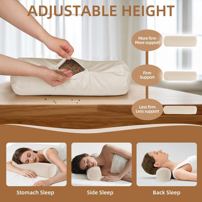 LOFE® Adjustable Buckwheat Neck Pillow - Cervical Roll to Relieve Tension | Buckwheat Pillow to Provide Firm Support for Side/Back Sleepers, Cylinder Bolster Pillows with Organic Pillowcase 17x6in