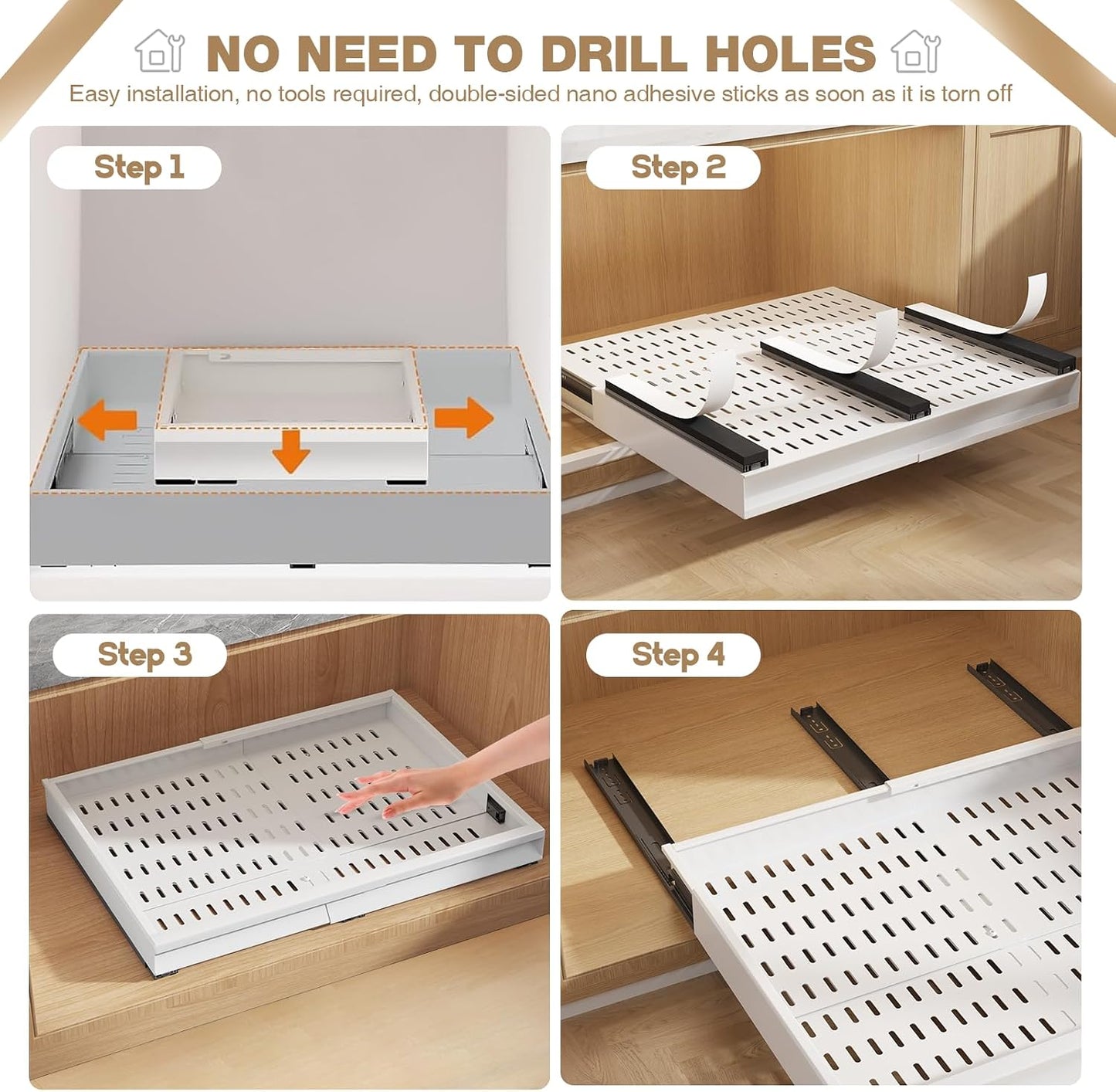 Seinloes Pull Out Cabinet Organizer, 4-Side Expandable to Fit Most Cabinets, 3 Rail Slide Out Drawers with Raising Pad for Framed & Frameless Cabinets, 13"-21" W x 17"-24" D, White, 2 Pack