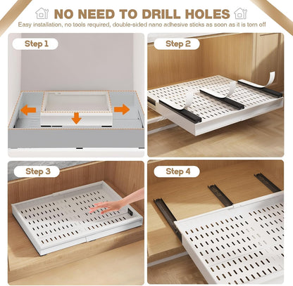Seinloes Pull Out Cabinet Organizer, 4-Side Expandable to Fit Most Cabinets, 3 Rail Slide Out Drawers with Raising Pad for Framed & Frameless Cabinets, 13"-21" W x 17"-24" D, White, 2 Pack