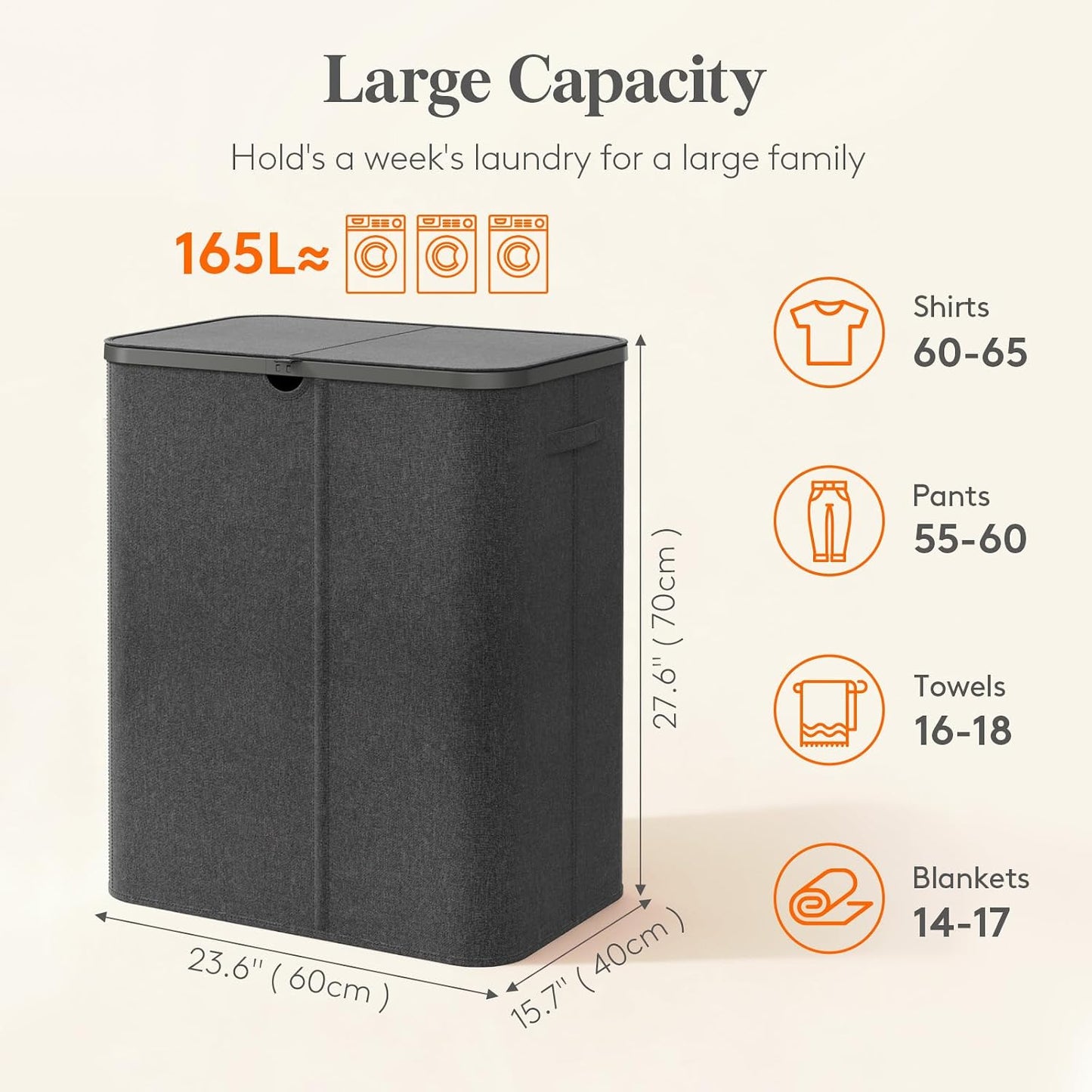 Lifewit 185L 3 Section Laundry Hamper with Lid, Laundry Basket, Beige | Large Foldable Laundry Sorter with 3 Removable Bags, Tall Clothes Hamper for Bedroom and Bathroom
