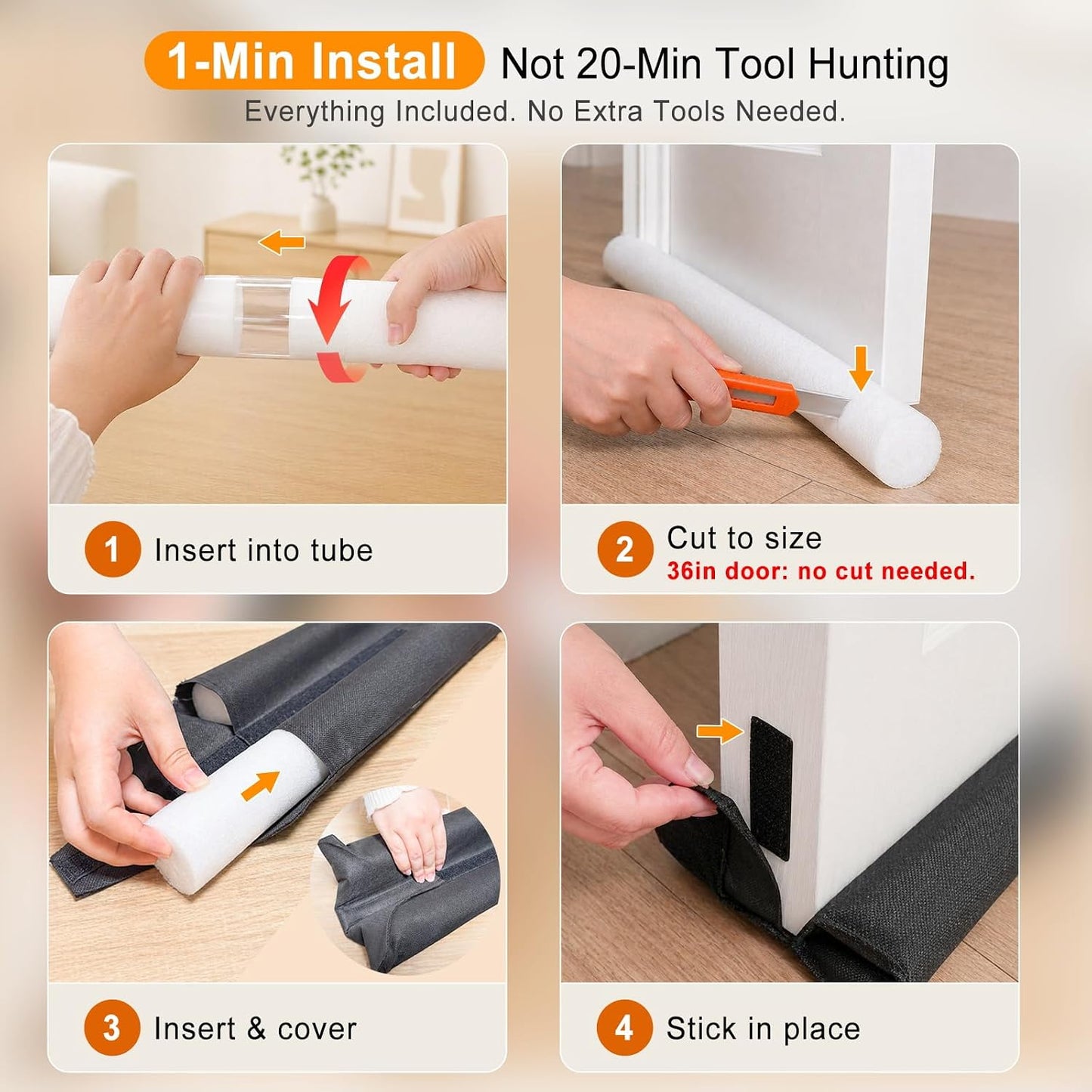 Door Draft Stopper for Bottom of Door, Under Door Draft Blocker with Hook & Loop Fastener, Fits 30–36 Inch Doors, Blocks Cold Air, Dust & Noise