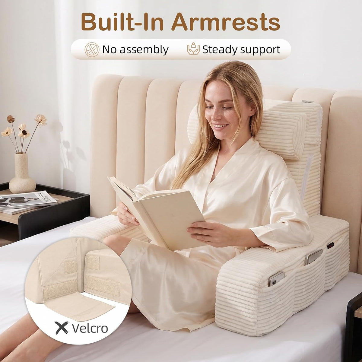 Vekkia 21" Reading Pillow for Adults with Armrests and Adjustable Backrest