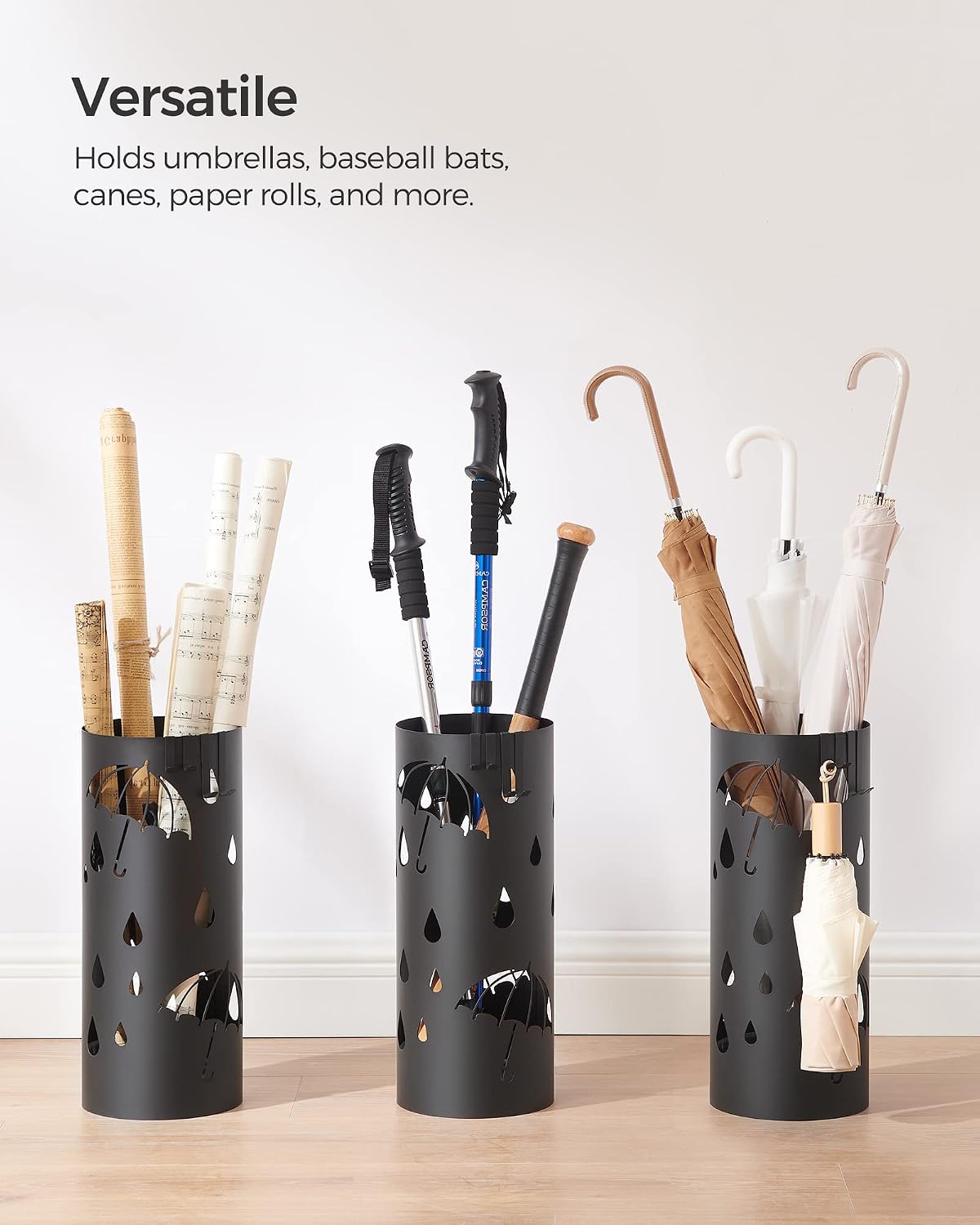 SONGMICS Umbrella Stand, Steel Round Holder Rack, 6.7 x 6.7 x 16.1 Inches | Umbrella Holder, with Detachable Drip Tray, Assembly Required, for Entryway, Office, Matte Black, PATSY Collection ULUC024B01