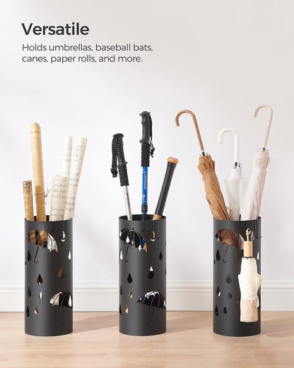 SONGMICS Umbrella Stand, Steel Round Holder Rack, 6.7 x 6.7 x 16.1 Inches | Umbrella Holder, with Detachable Drip Tray, Assembly Required, for Entryway, Office, Matte Black, PATSY Collection ULUC024B01