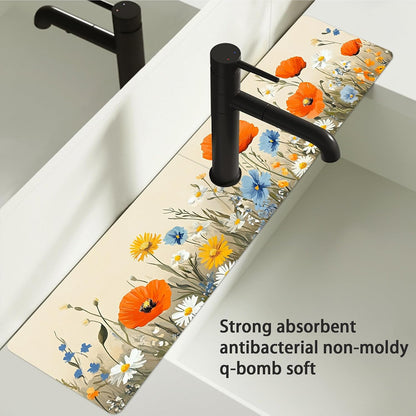 Bimkole 2 PCS Faucet Absorbent Mat, Kitchen Faucet Sink Splash Guard Wraparound Cloth Pads Drip Catcher for Sink Faucet for Kitchen Bathroom Faucet, Colorful Faucet Mat, 15 x 4 Inch Flower A6