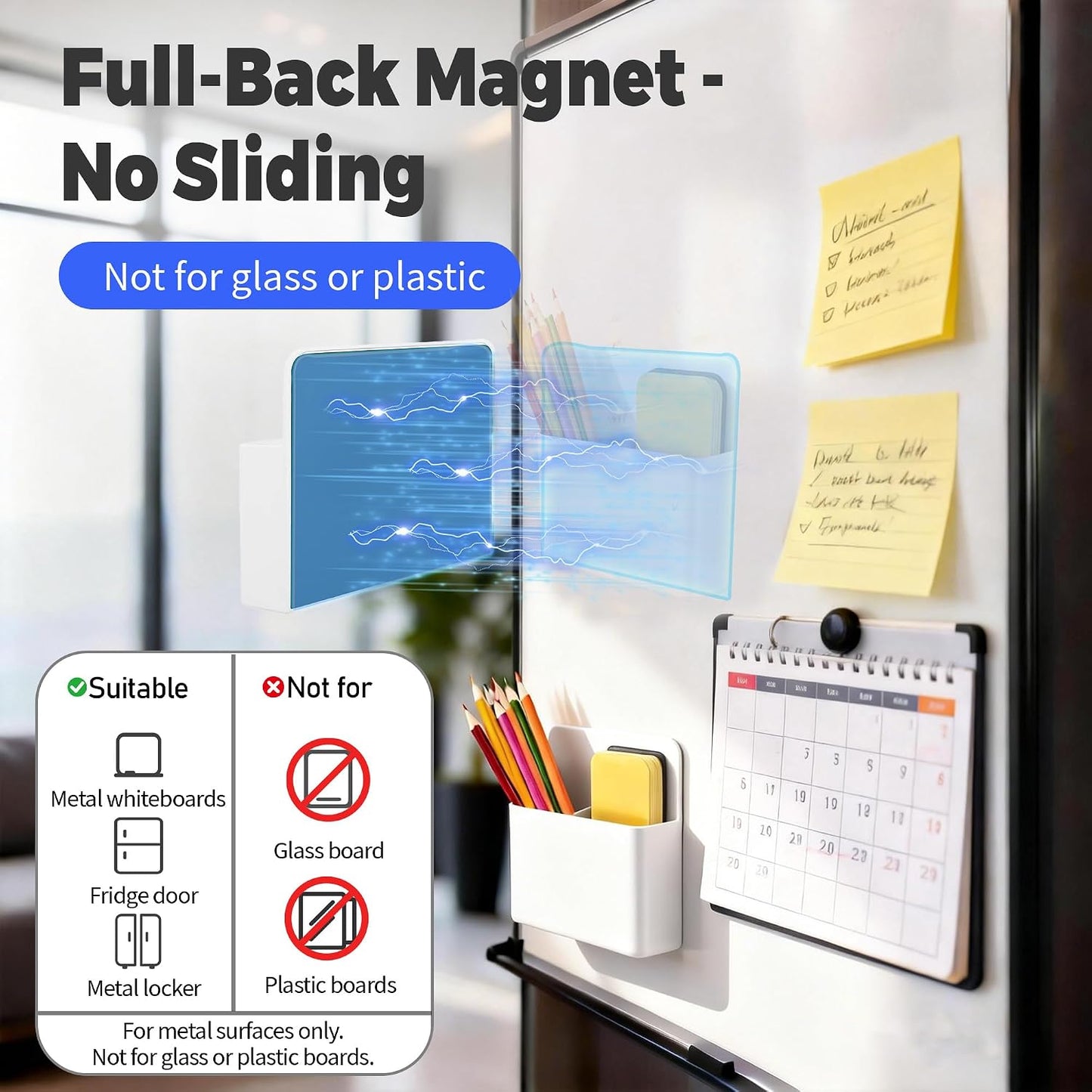 2 Pack Magnetic Pen Holder for Refrigerator & Whiteboard, Full-Back Magnet Dry Erase Marker Holder with Adjustable Divider, Magnetic Marker Holder for White Board Office Desk Locker Accessories, Black