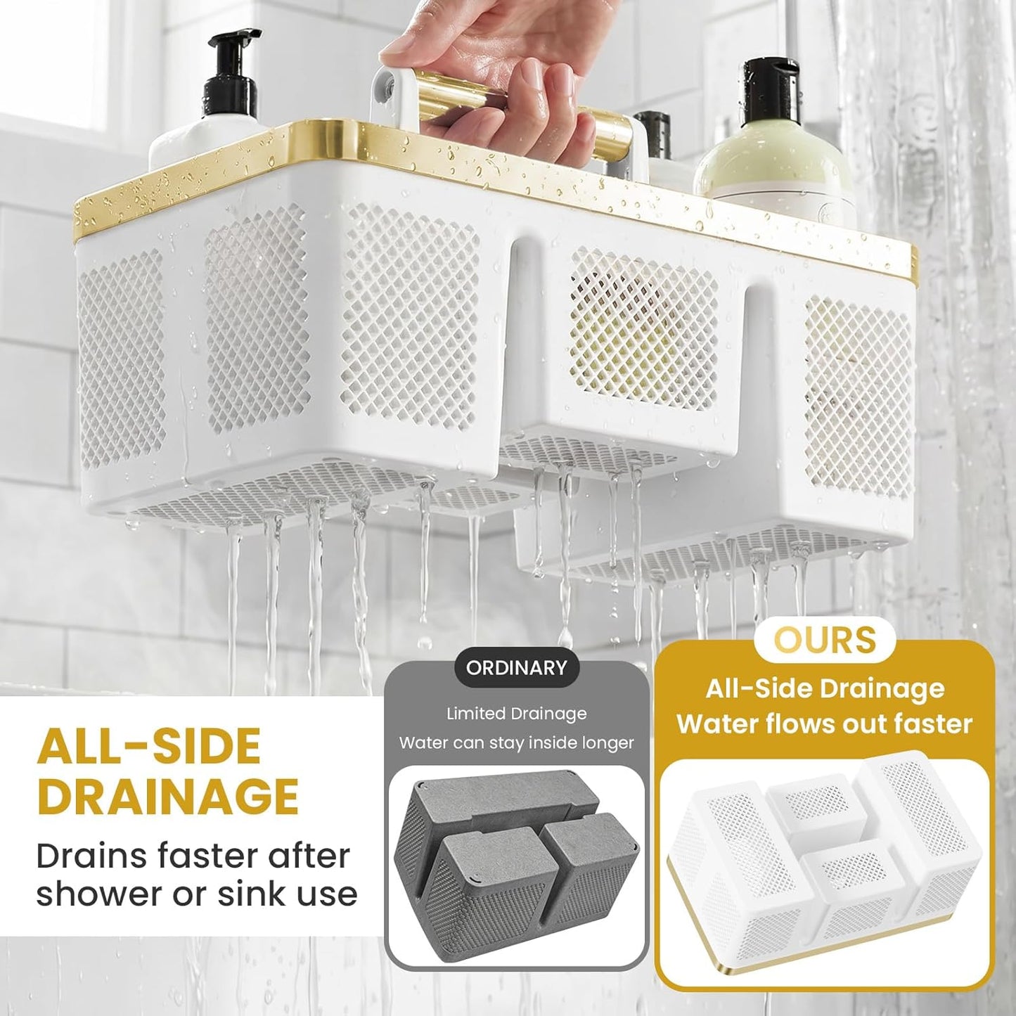 BYUNER Portable Cleaning & Shower Caddy with Handle: Rigid Plastic Basket with 4 Divided Compartments, All-Side Drainage for College Dorm, Bathroom & Utility Use, Black/Gold