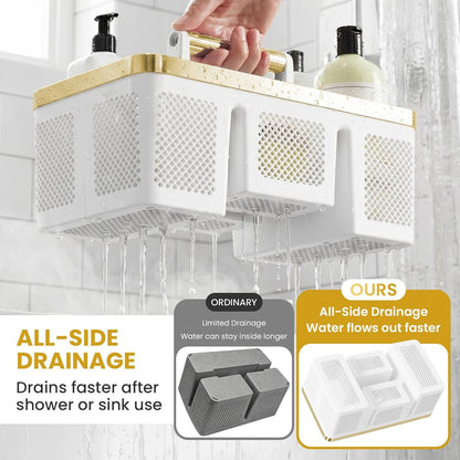 BYUNER Portable Cleaning & Shower Caddy with Handle: Rigid Plastic Basket with 4 Divided Compartments, All-Side Drainage for College Dorm, Bathroom & Utility Use, Black/Gold