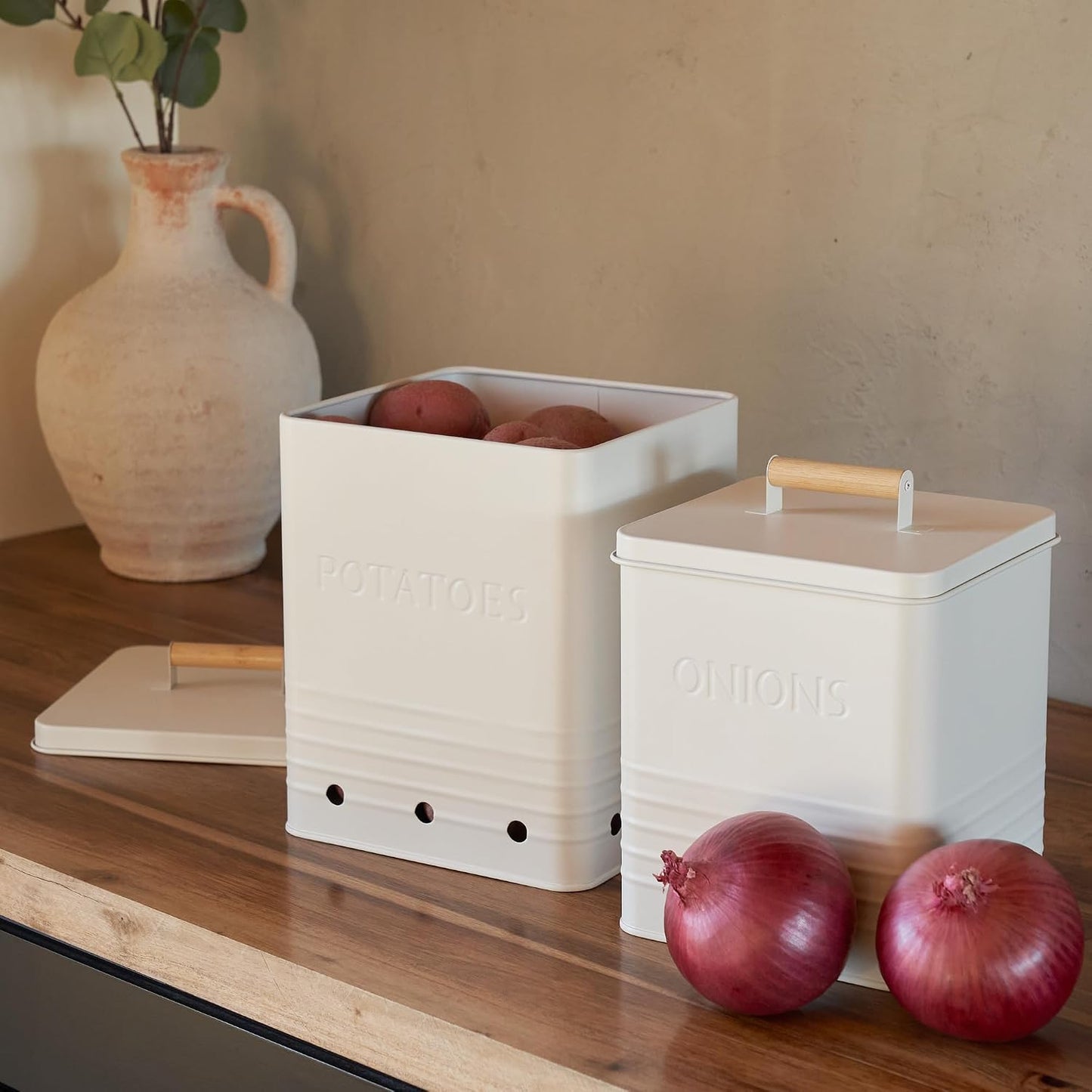 Beautiful Potato and Onion Storage Container Set - Food Safe Metal Bins | Spacious 10.1" and 8.9" Canisters for Your Kitchen Counter or Pantry - Keeps Produce Fresh Longer