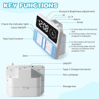 7-in-1 Visual Timer with Task Planner - Blue | ADHD Time Management Tool With Alarm, Countdown, Calendar, Temperature Display and Storage, Ideal for Home and School