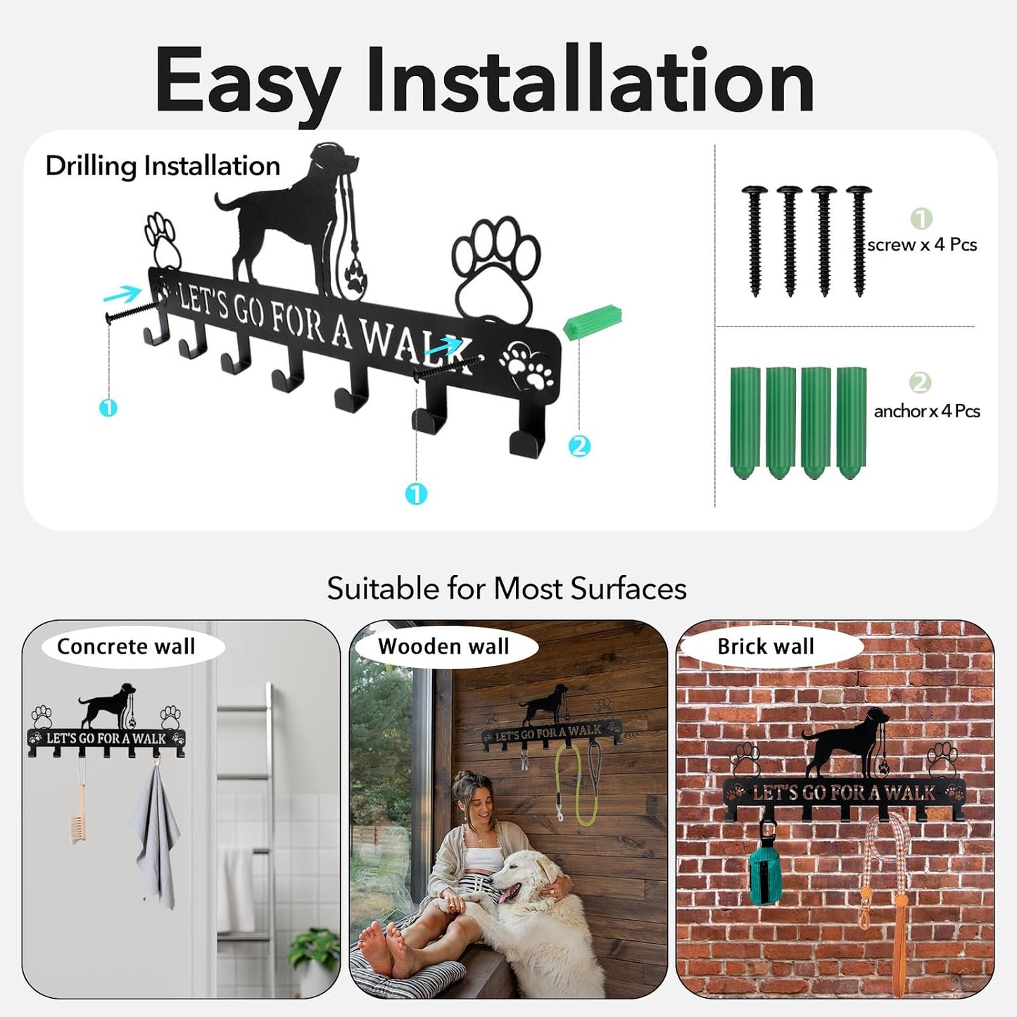 Iron Dog Leash Holder for Wall with 5-Hooks, Doorway Dog Hooks, Dog Accessory Holder