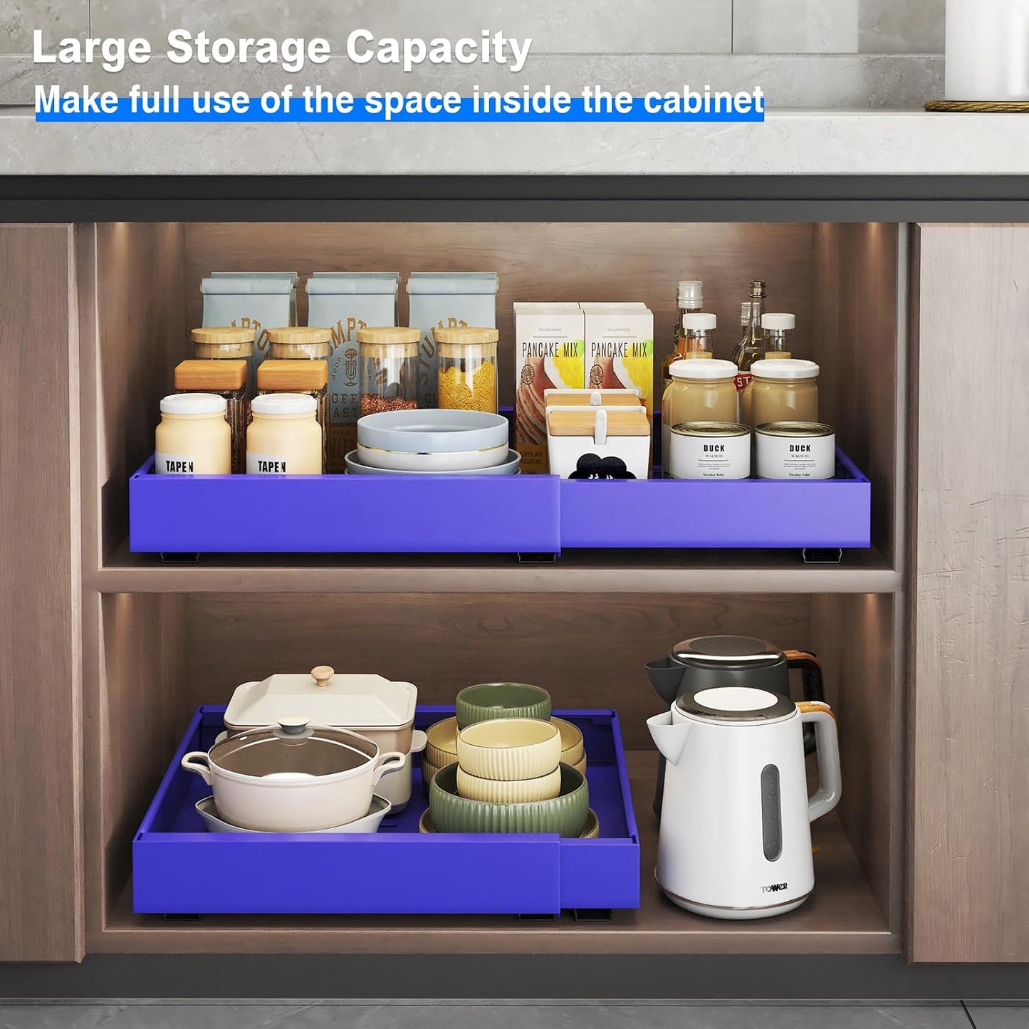 Mustorn 2 Pack Pull Out Cabinet Organizer, Slide Out Drawers for Cabinets, Peel and Stick, Heavy Duty Shelves for Kitchen, Cupboard, Pantry, Bathroom (16.5"D*11.8"W*3.94"H-Black)