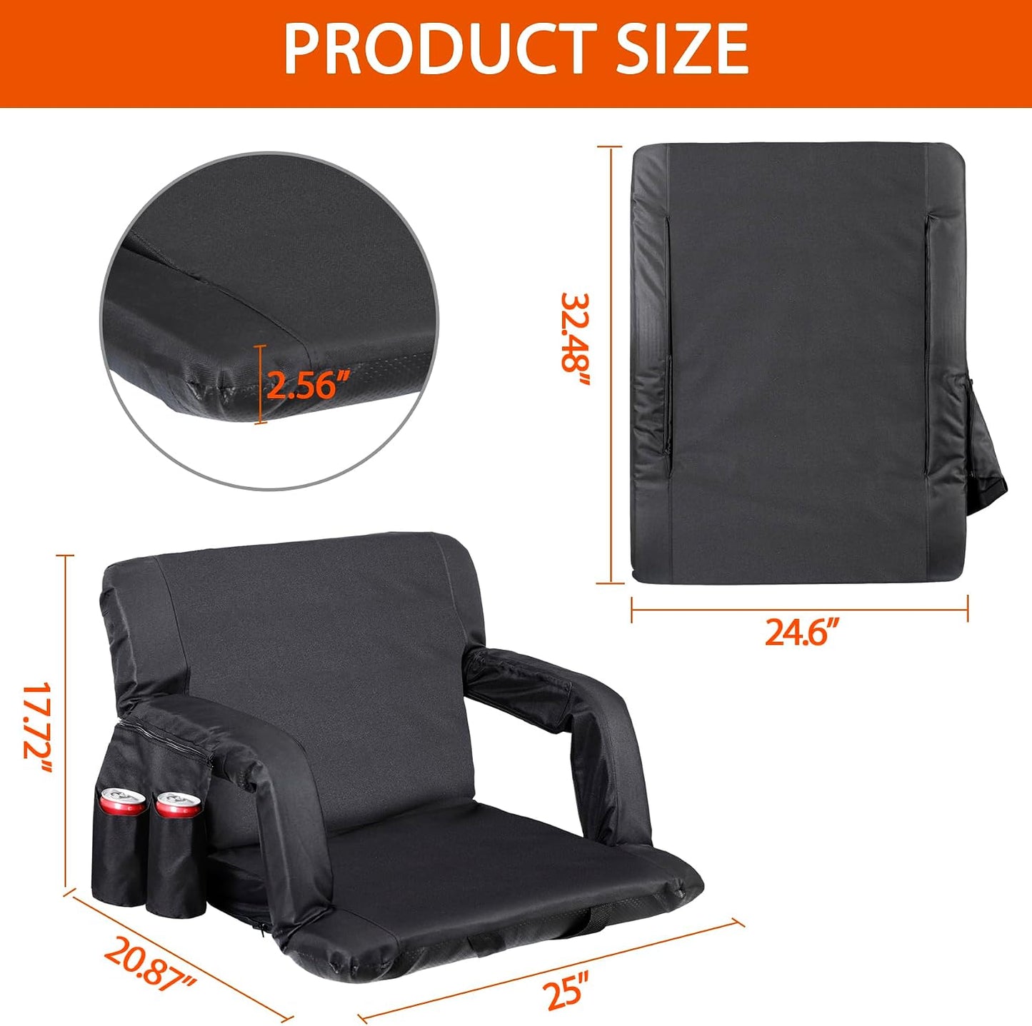 LEMY 20.5"/ 25" Wide Adjustable Stadium Seat for Bleachers Portable Water Resistant Stadium Chair with Back/Arms/Cushion for Outdoor or Indoor