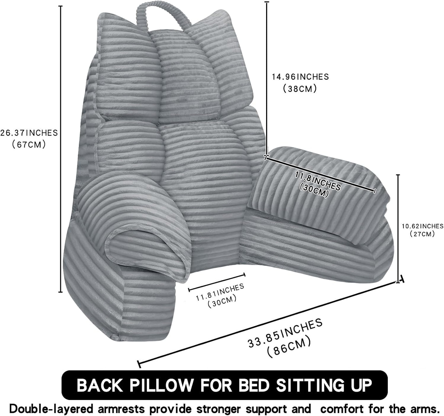 Reading Pillow for Bed with Arms, Back Support, Memory Foam（Grey Black） | Reading Pillow for Bed with High Arm Rests, Back Support Pillow for Sitting Up, Shredded Memory Foam for Reading, TV & Gaming
