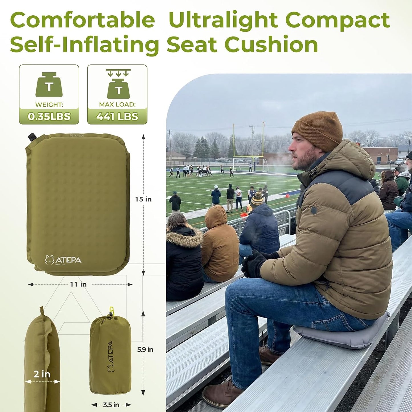 ATEPA Inflatable Seat Cushion | 2" & 2.5" foam core seat pad, Self inflating, Compact, Stadium, Airplane, Travel, Camping, Hiking, Sports events