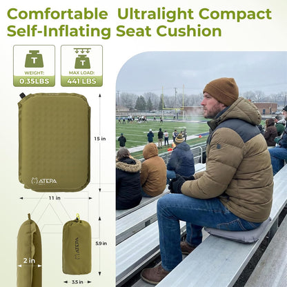 ATEPA Inflatable Seat Cushion | 2" & 2.5" foam core seat pad, Self inflating, Compact, Stadium, Airplane, Travel, Camping, Hiking, Sports events