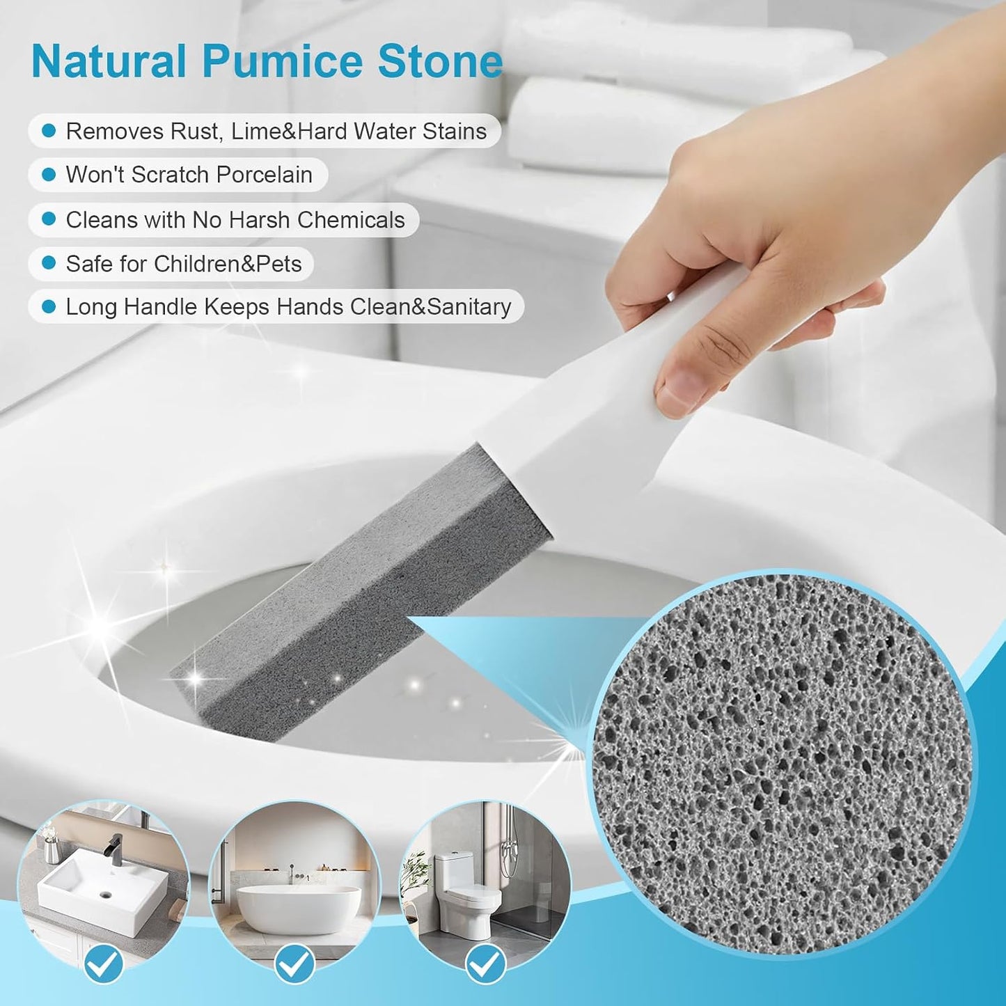 8 Pack Pumice Stone with Long Handle, Pumice Stone Toilet Bowl Cleaner | Replaceable Scouring Stick Removes Limescale, Rust, Hard Water Stains for Toilets, Tubs, Pools, Grills, Ergonomic Handle.