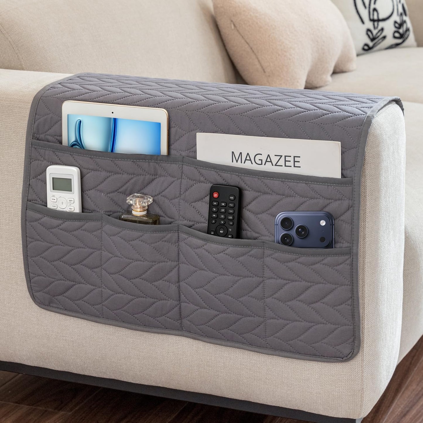 Remote Control Holder for Armchair, Couch Caddy Organizer TV Remote Holder for Recliner Couch With 6 Pockets, Non-Slip Arm Chair Caddy Bedside Table Organizer for Magazine, Tablet, Phone, iPad (Grey)