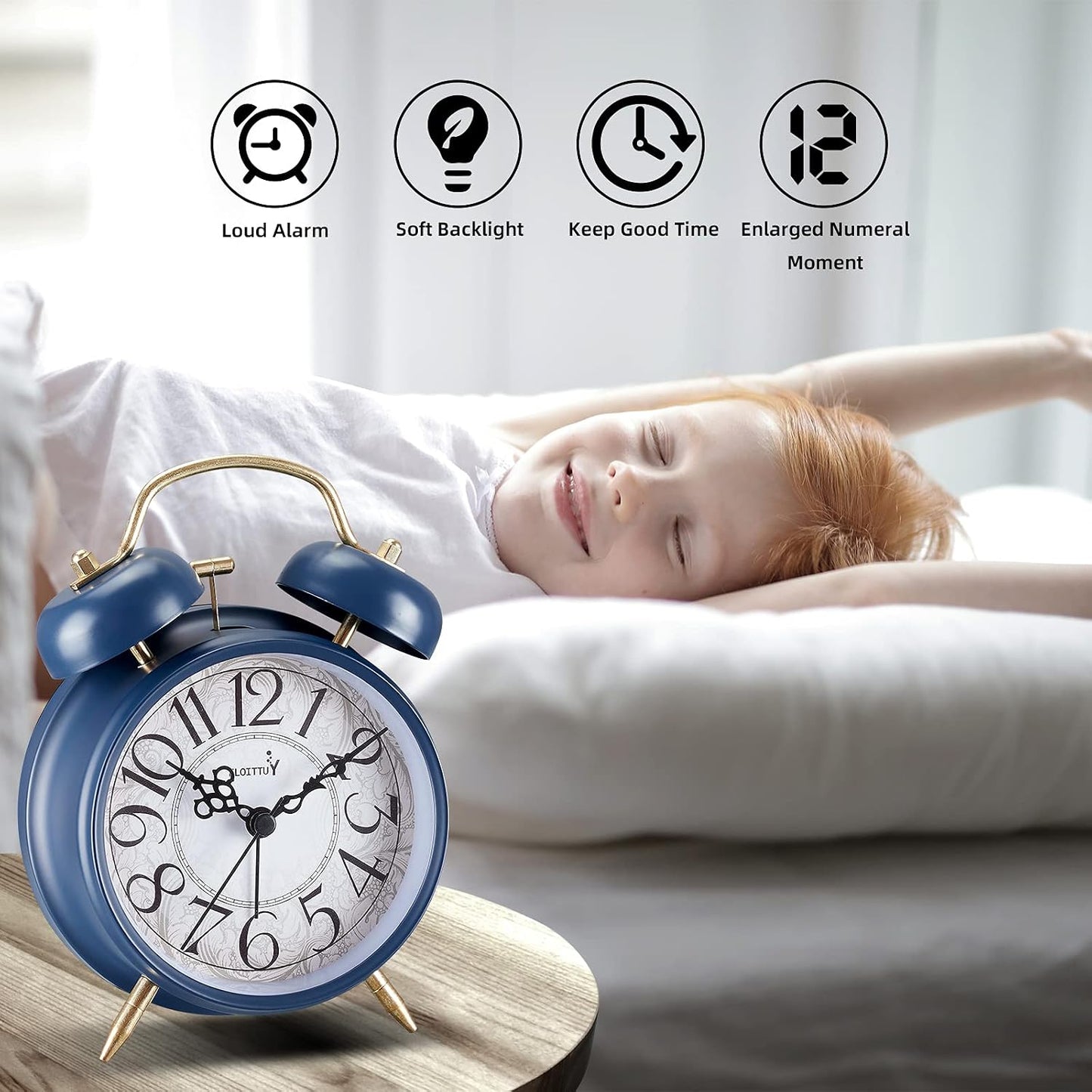 FLOITTUY Loud Alarm for Deep Sleepers 4'' Retro Twin Bell Alarm Clock with Backlight for Bedroom and Home Decoration(Retro Black)