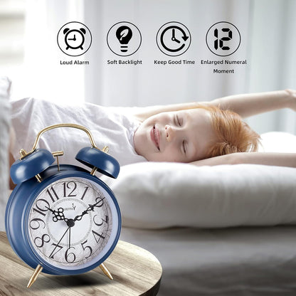 FLOITTUY Loud Alarm for Deep Sleepers 4'' Retro Twin Bell Alarm Clock with Backlight for Bedroom and Home Decoration(Retro Black)