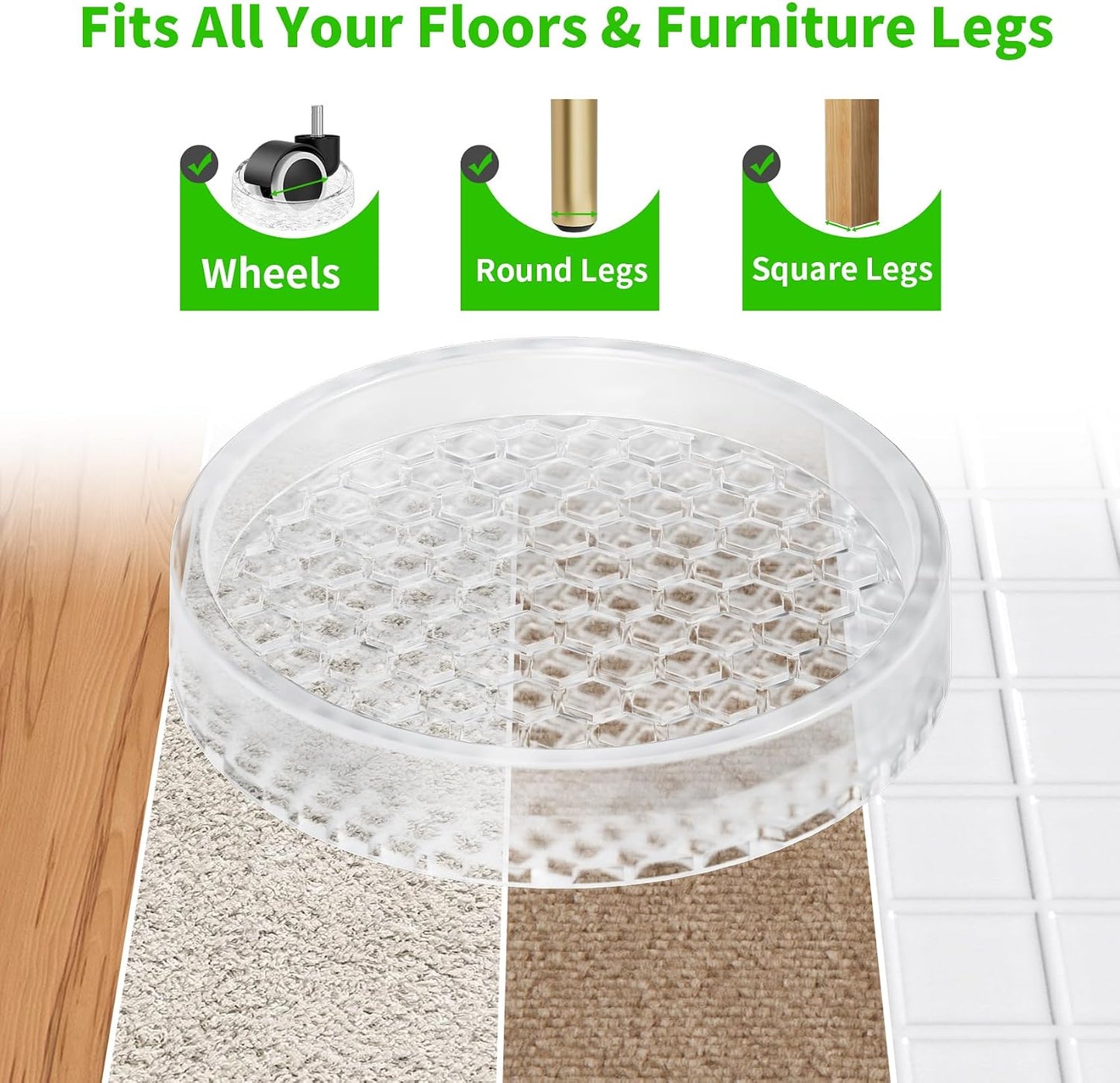 2" Square 12PCS Clear Non Slip Furniture Pads for Hardwood Floors Protector | Rubber Furniture Caster Cups, Chair Coasters for Carpet with Grip, Carpet Protector for Furniture Legs - Protect Any Flooring