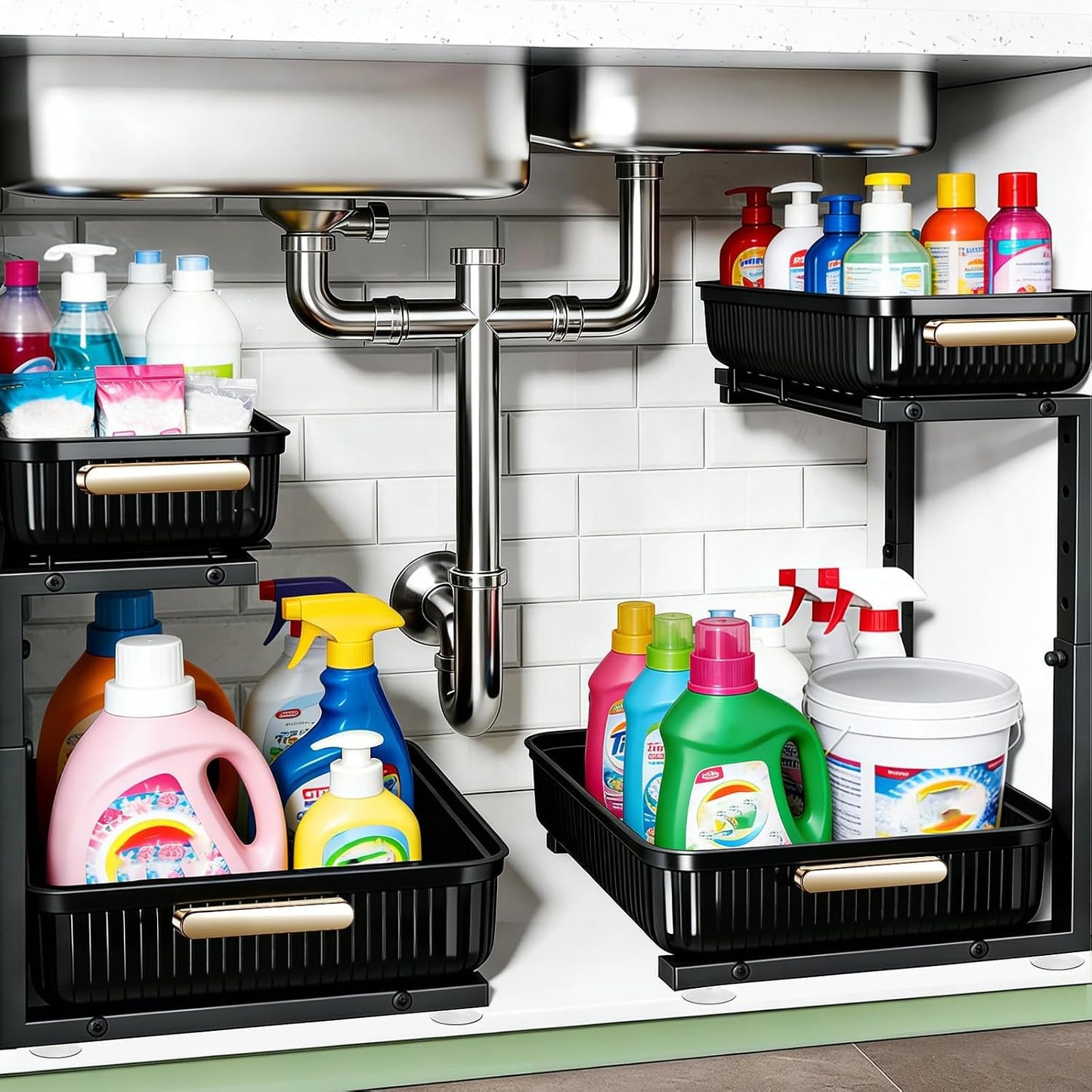 ARSTPEOE Under Sink Organizer - 2 Pack Multi-Purpose Pull-Out Storage Shelf | Slide out Pull out Cabinet Organizer Shelf, Storage for Kitchen Bathroom