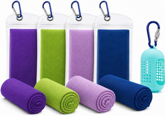 Cooling Towels 4 Pack with Silicone Case, 5 Carabiners, 40 x 12 in