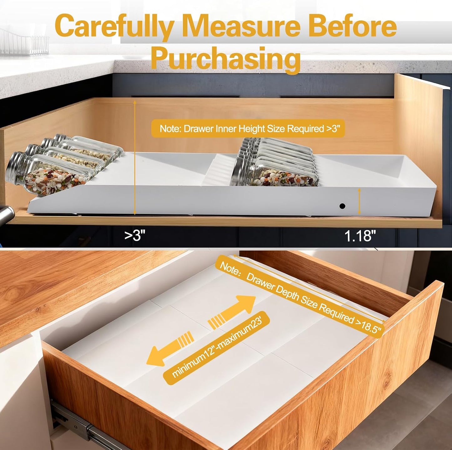 GOENDR Metal Spice Drawer Organizer, 4-Tier Spice Rack for Drawer, Expandable Seasoning Organizer Fits 11.4-22.8” Wide Drawer, Holds up to 48 Spice Jars (Not Included), Black