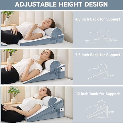 Bed Wedge Pillow for Sleeping, 3 Pcs Adjustable Height 4.5&7.5&12 Inch Triangle Pillow Wedge for Post Surgery, Acid Reflux, Snoring, Legs Pain Relief (Gray)