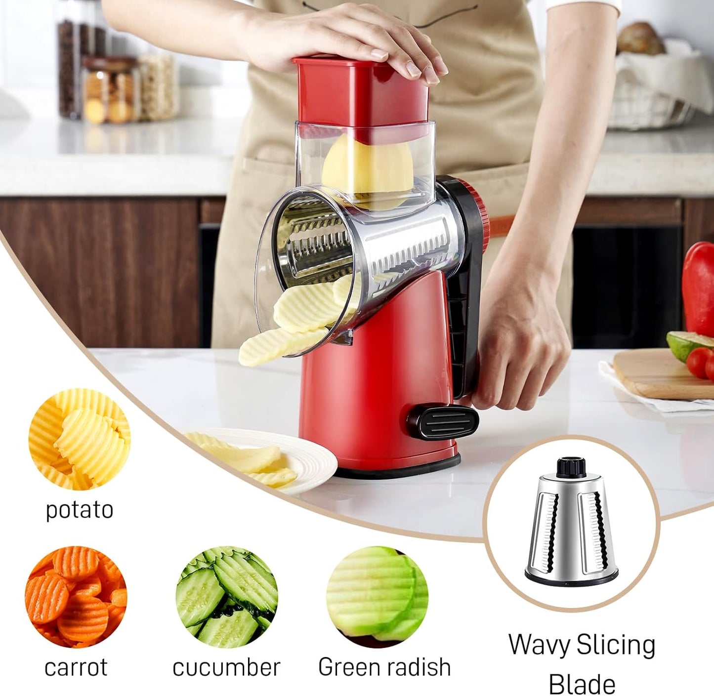 Weltonhm 4 in 1 Large Rotary Cheese Grater Hand Crank (black, 3 Graters) | Cheese Shredder Rotary and Slicer with 4 Stainless Steel Blades for Vegetables, Veggie and Cheese, Stronger Suction Base