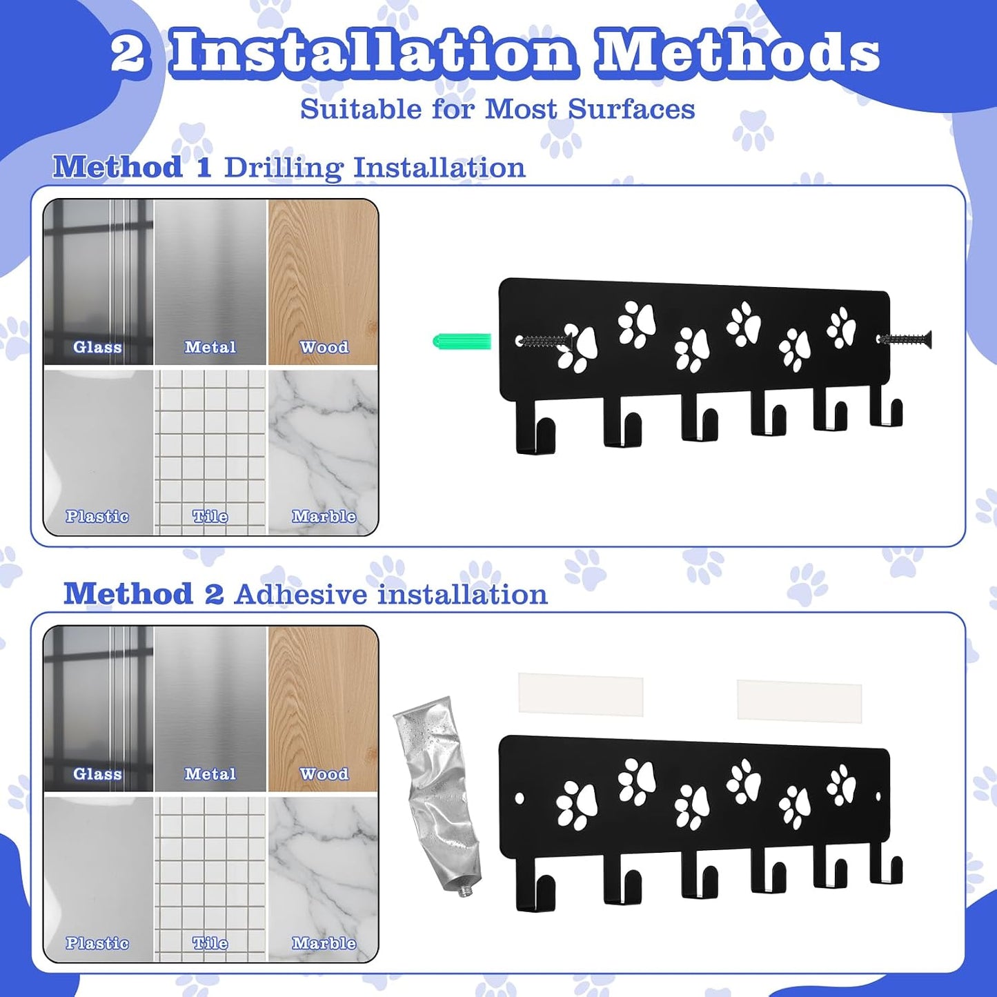 Key Holder Wall Mount & Dog Leash Holder for Wall, Metal Key Rack with 6 Hooks Decorative Animal Storage Rack Adhesive for Entrance Living Room Kitchen Dog Paws Design WallOrganizer
