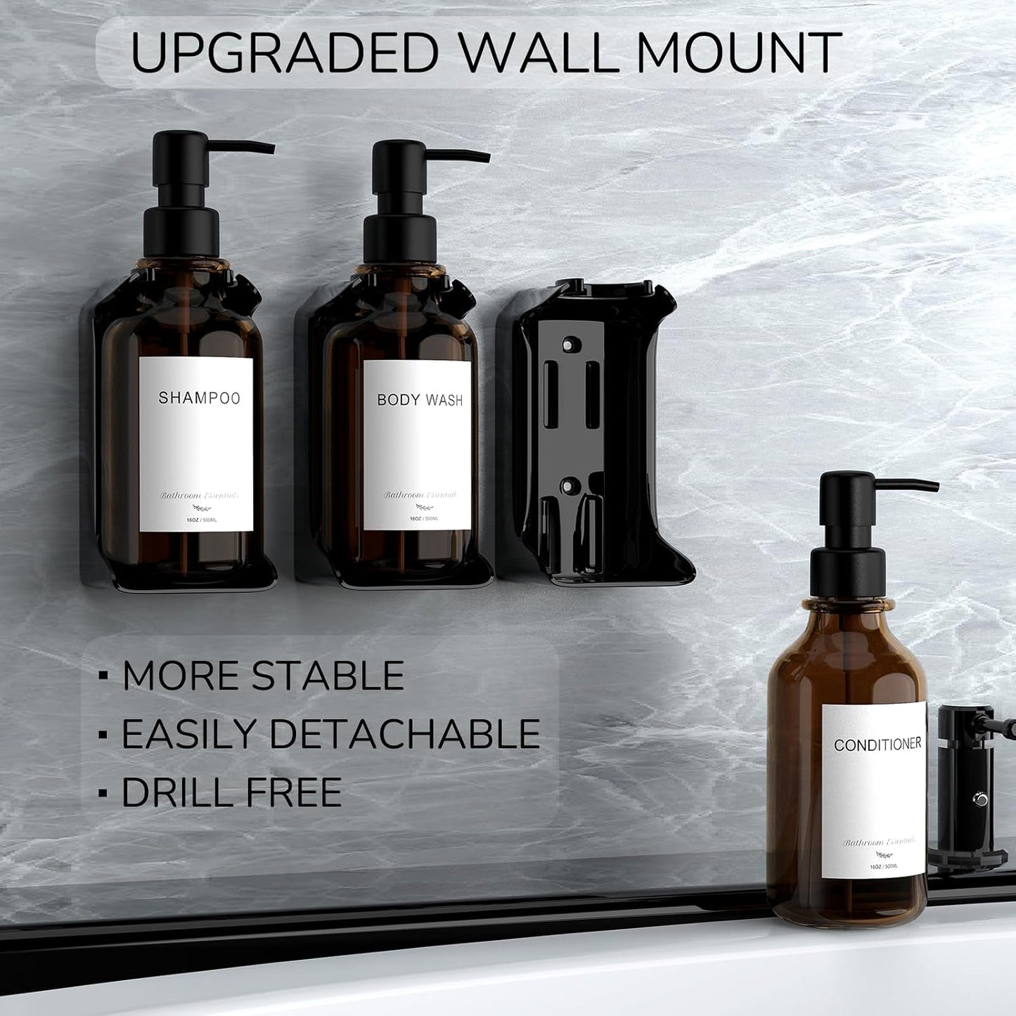 Modern Shampoo and Conditioner Dispenser - Shower Soap Dispenser Wall Mounted - 3-Pack 16 oz Plastic Amber Bottles with Black Pumps - Stylish Shampoo Dispenser, Shower Dispenser 3 Chamber No Drill