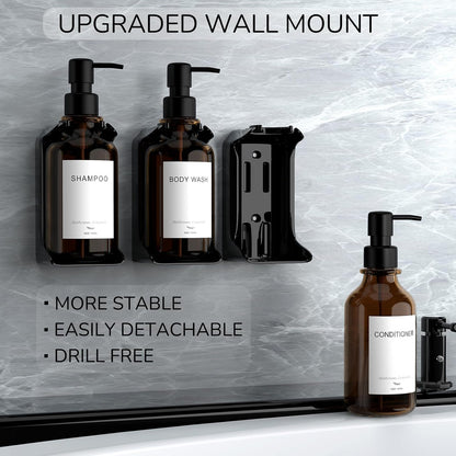 Modern Shampoo and Conditioner Dispenser - Shower Soap Dispenser Wall Mounted - 3-Pack 16 oz Plastic Amber Bottles with Black Pumps - Stylish Shampoo Dispenser, Shower Dispenser 3 Chamber No Drill
