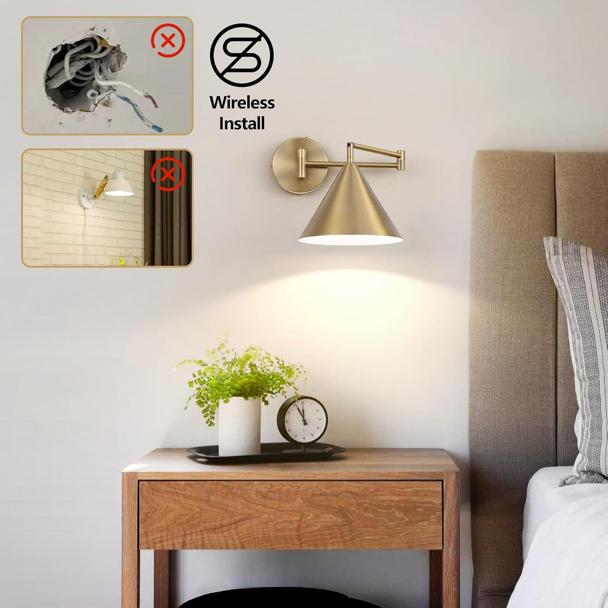 Rechargeable Swing Arm Wall Sconces Set of 2,Gold Battery Operated Wireless Dimmable 3 Color Wall Light with Remote,Cone Indoor Light Fixture for Bedside,Kitchen,Hallway,Living Room,Reading