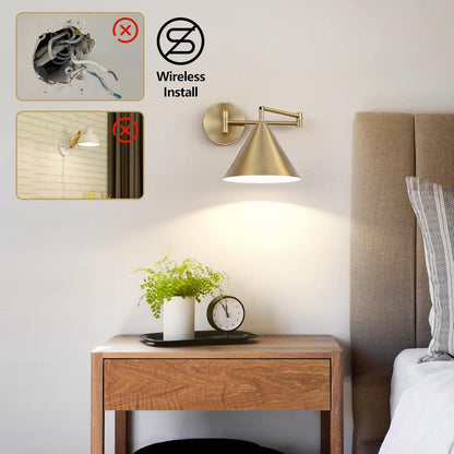 Rechargeable Swing Arm Wall Sconces Set of 2,Gold Battery Operated Wireless Dimmable 3 Color Wall Light with Remote,Cone Indoor Light Fixture for Bedside,Kitchen,Hallway,Living Room,Reading