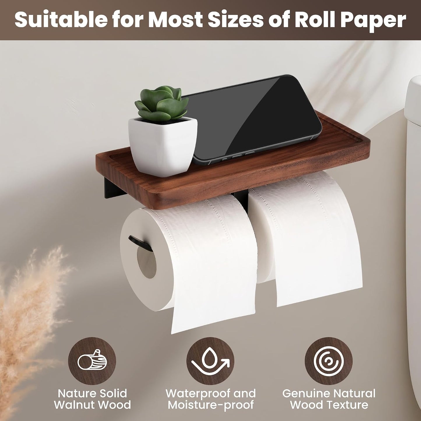 Toilet Paper Holder Walnut Wood Shelf - Wall Mount & Self-Adhesive | Bathroom Tissue Holder, Black Stainless Steel with Walnut Shelf for Phone - Home Apartment Restroom Decor Essentials