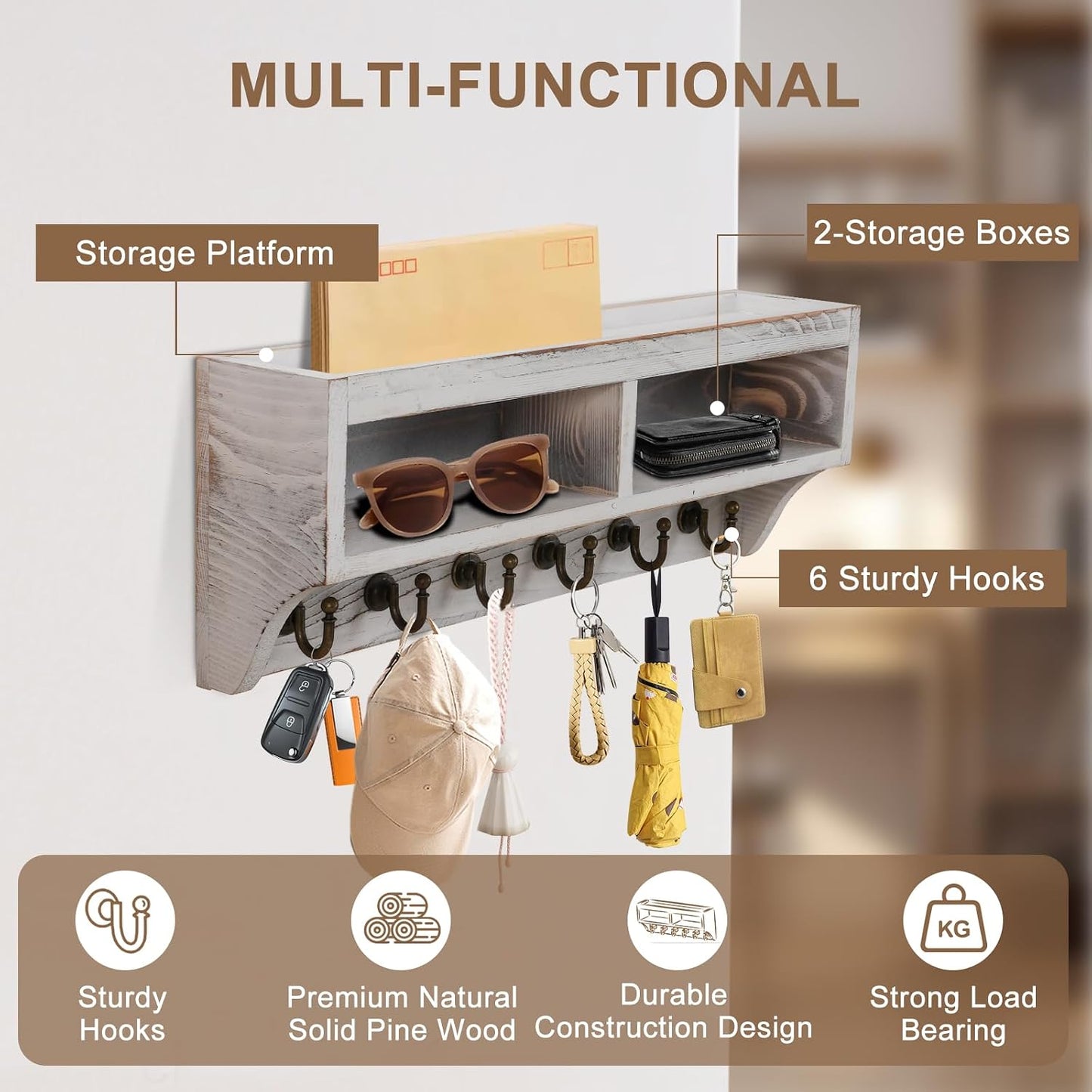 Key Holder Wall Mount with Mail Organizer, 6 Hooks & Shelf, Brown | Wood Key Holder Wall Mount with 6 Key Hooks, Shelf & Storage Box and Mail Organizer for Entryway, Apartment, Home and Office