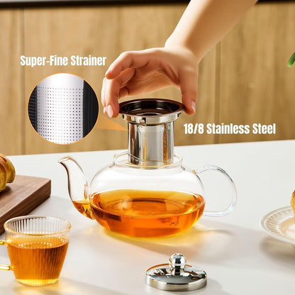 Baalaka Glass Teapot 18.6oz/550ml, Tea Pot with Removable Infusers for Loose Tea, Borosilicate Glass Tea Kettle Tea Maker Stovetop for Camping, Tea Infuser for Loose Leaf Tea Travel | Borosilicate glass tea kettle with infuser; steel strainer for loose