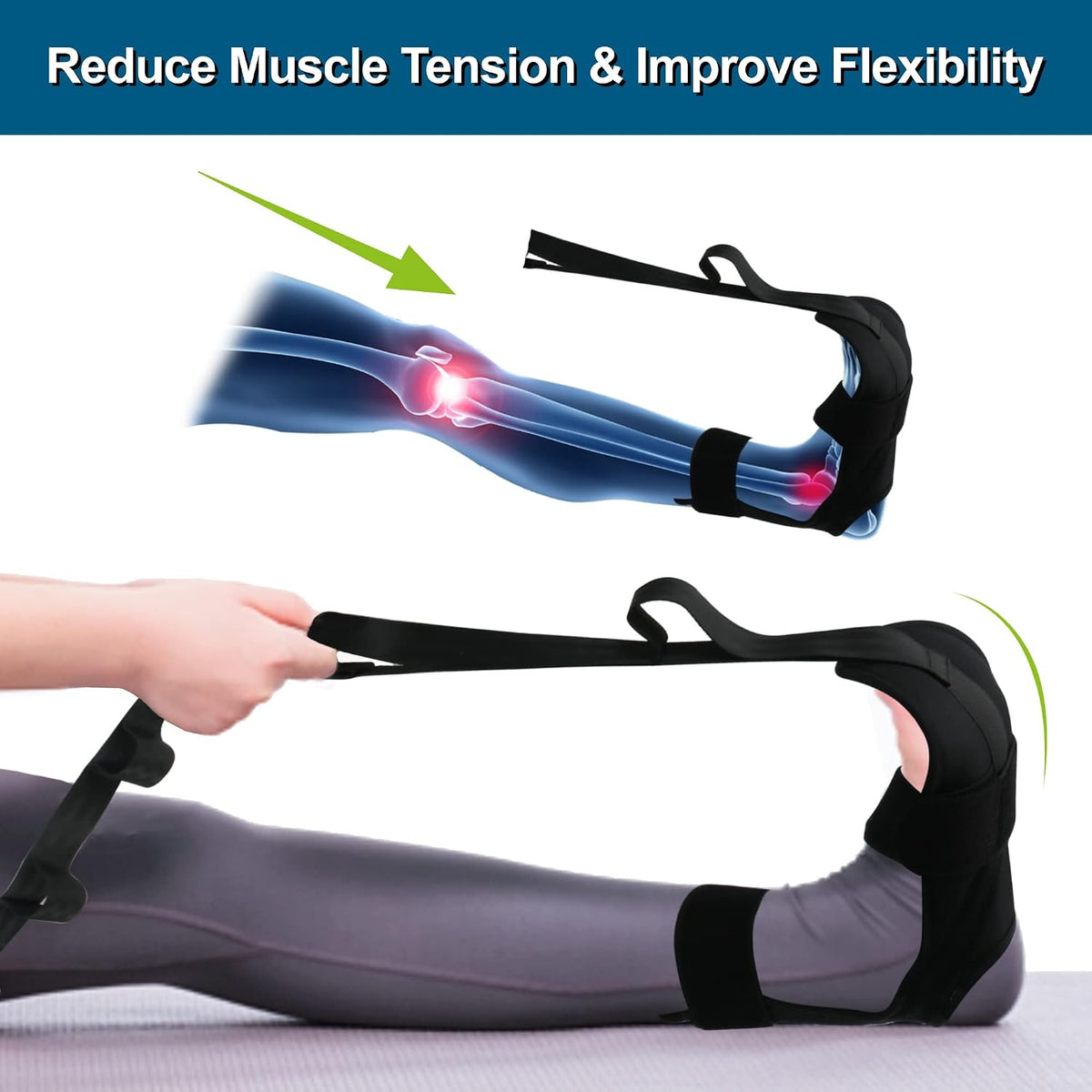 Komzer Foot Stretcher Belt, Foot Stretcher Stretch Strap for Plantar Fasciitis, Heel Spurs, Foot Drop, Achilles Tendonitis & Hamstring. Yoga Foot & Leg Stretch Strap (Black)