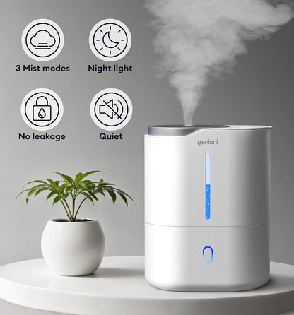GENIANI Cool Mist Air Humidifiers for Bedroom, Plants, and Large Rooms - Quiet Humidifiers for Baby Room with Auto Shut Off & Night Light (3.9L, White)